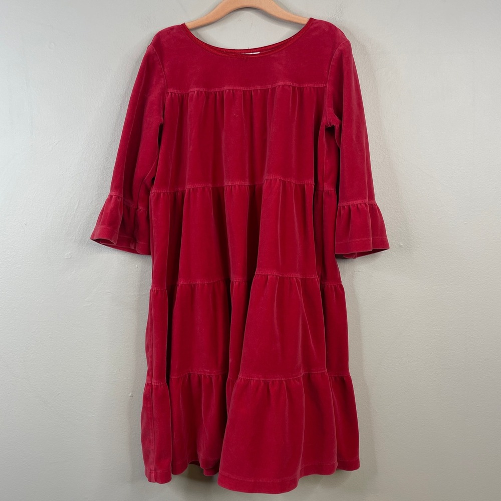 Hanna Andersson Vintage Velour Holiday Dress Girls 5 6 Red Christmas Bell Sleeve